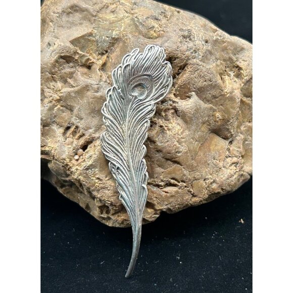 925 Sterling Silver Feather Brooch Pin peacock 3" - Picture 1 of 7